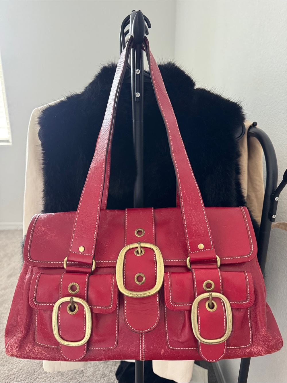 Banana Republic Red Leather Buckle-Front Shoulder Bag with Gold Hardware Y2K